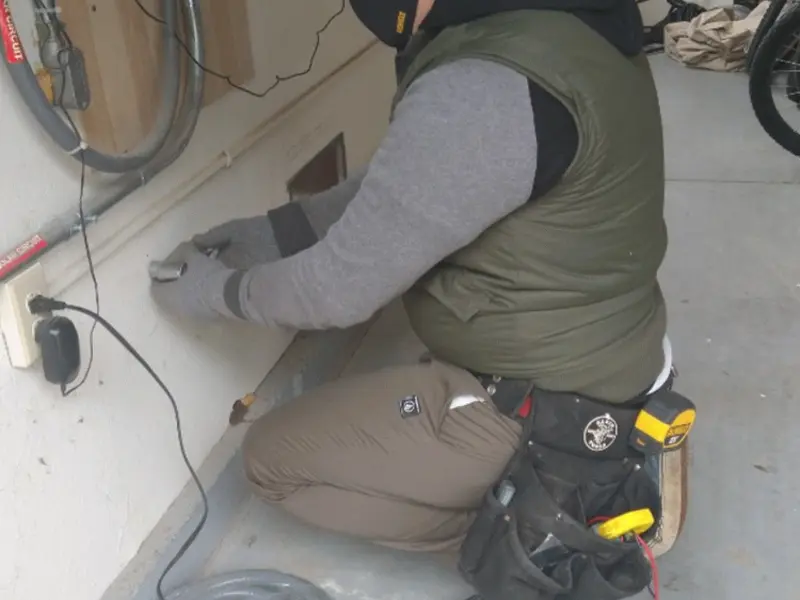 Electrician performing outlet wiring in a Smithsburg garage